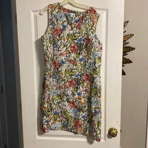 J. Jill Love Linen Illustrated Garden pullover floral v-neck shift dress. Sz XS.